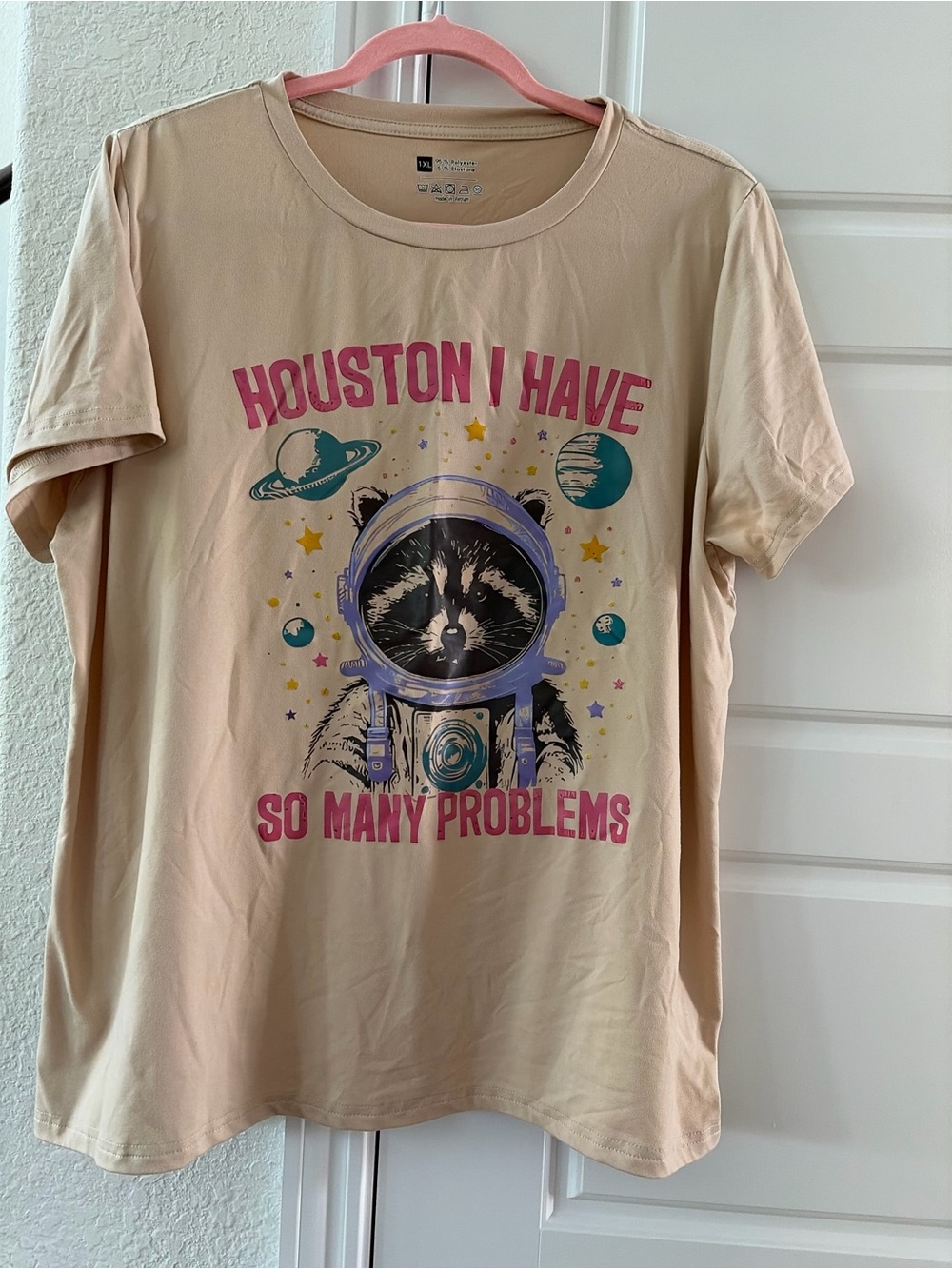 SHEIN Beige Graphic Tee with Pink Text & Teal Space Accents
